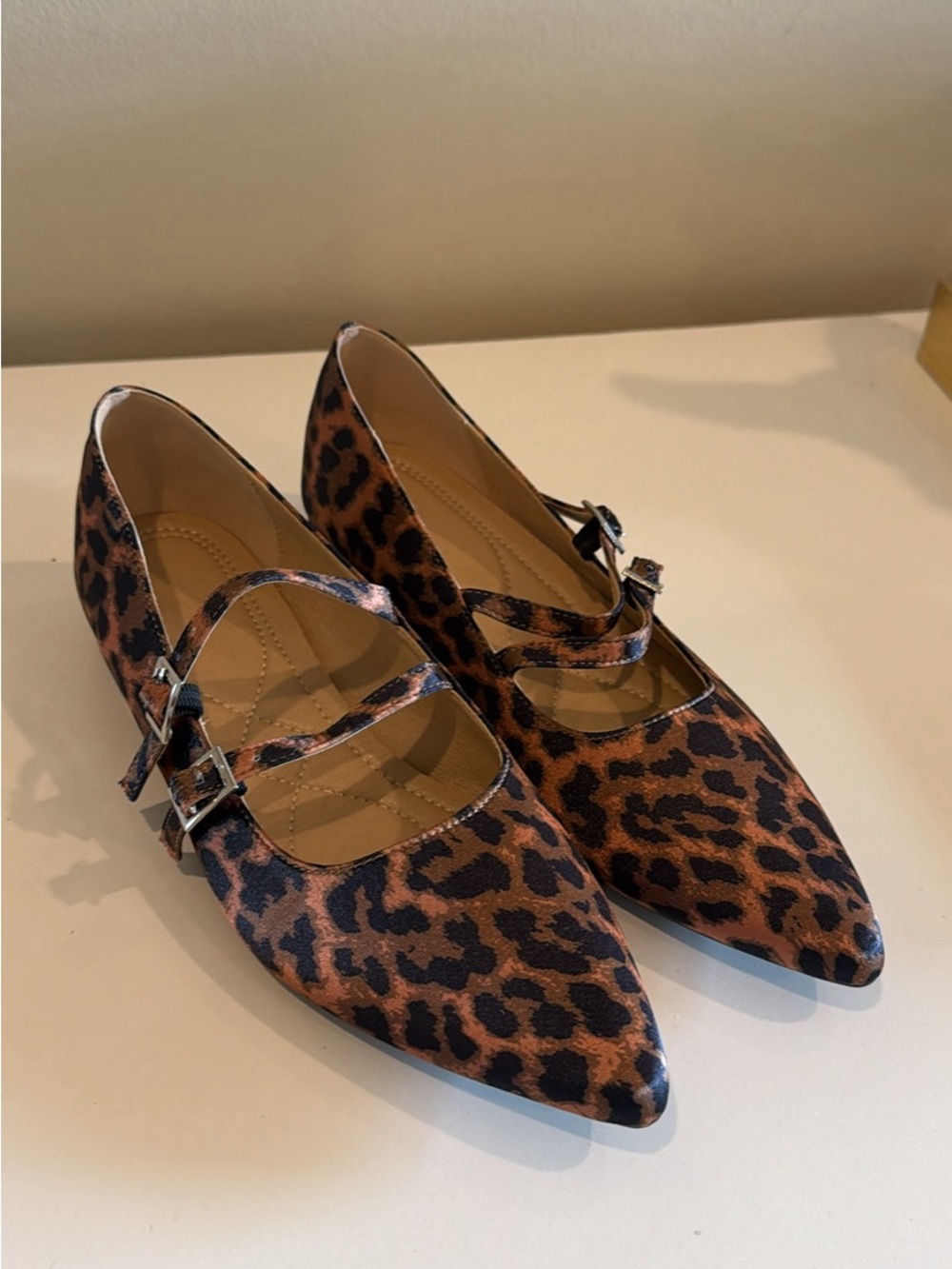 Leopard Print Pointed Mary Jane Flats - Brown